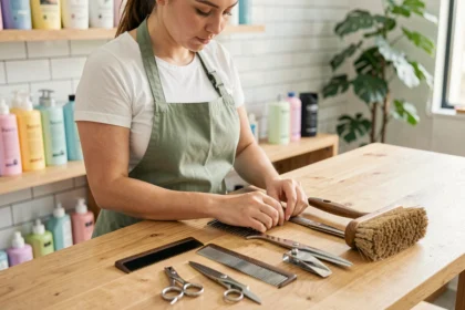 Toiletteuse professionnelle arrangeant des accessoires de toilettage sur une table en bois dans un salon moderne