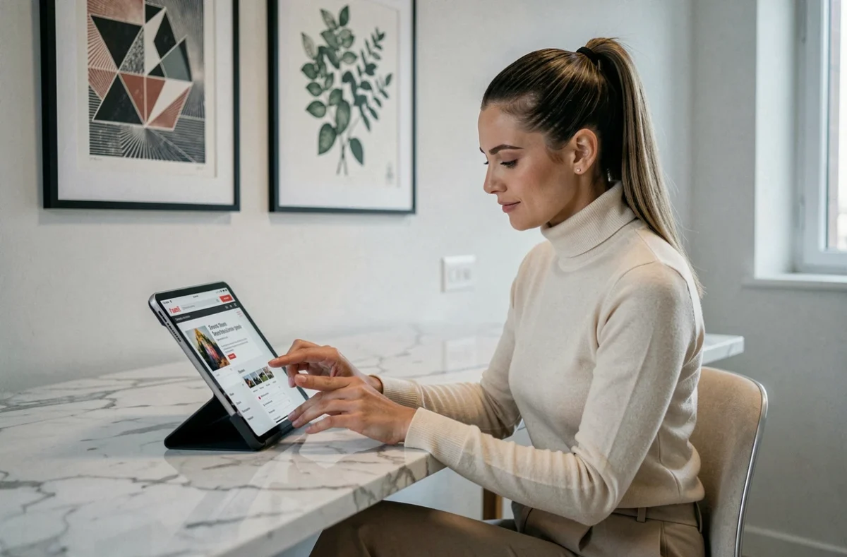 Jeune femme consultant un salon d'art en ligne sur tablette dans un appartement moderne avec des œuvres encadrées au mur