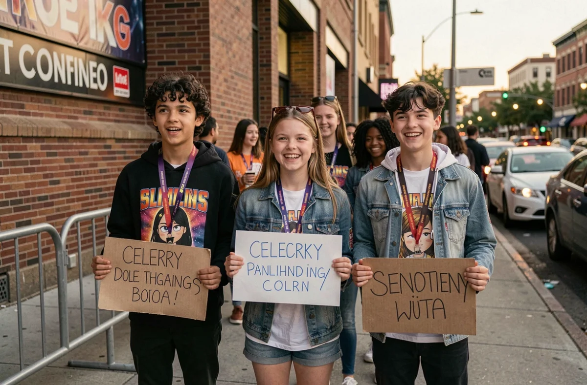 Groupe d'adolescents fans devant une salle de concert tenant des pancartes pour leur star préférée