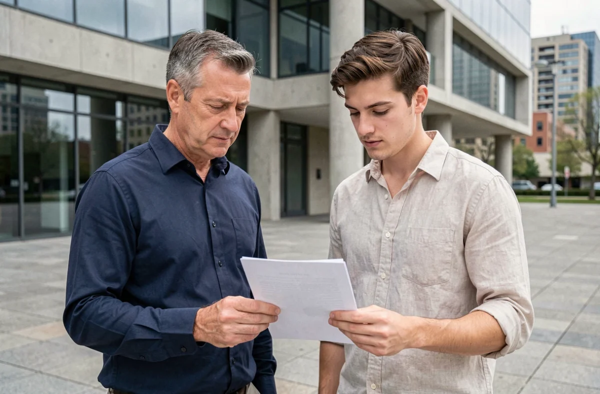 Beau-père et beau-fils adulte devant un bâtiment administratif tenant des documents relatifs à une procédure d'adoption