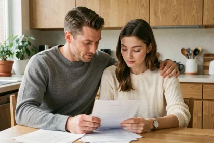 Beau-père et belle-fille adulte examinant des documents juridiques ensemble à une table de cuisine en bois dans une atmosphère familiale chaleureuse