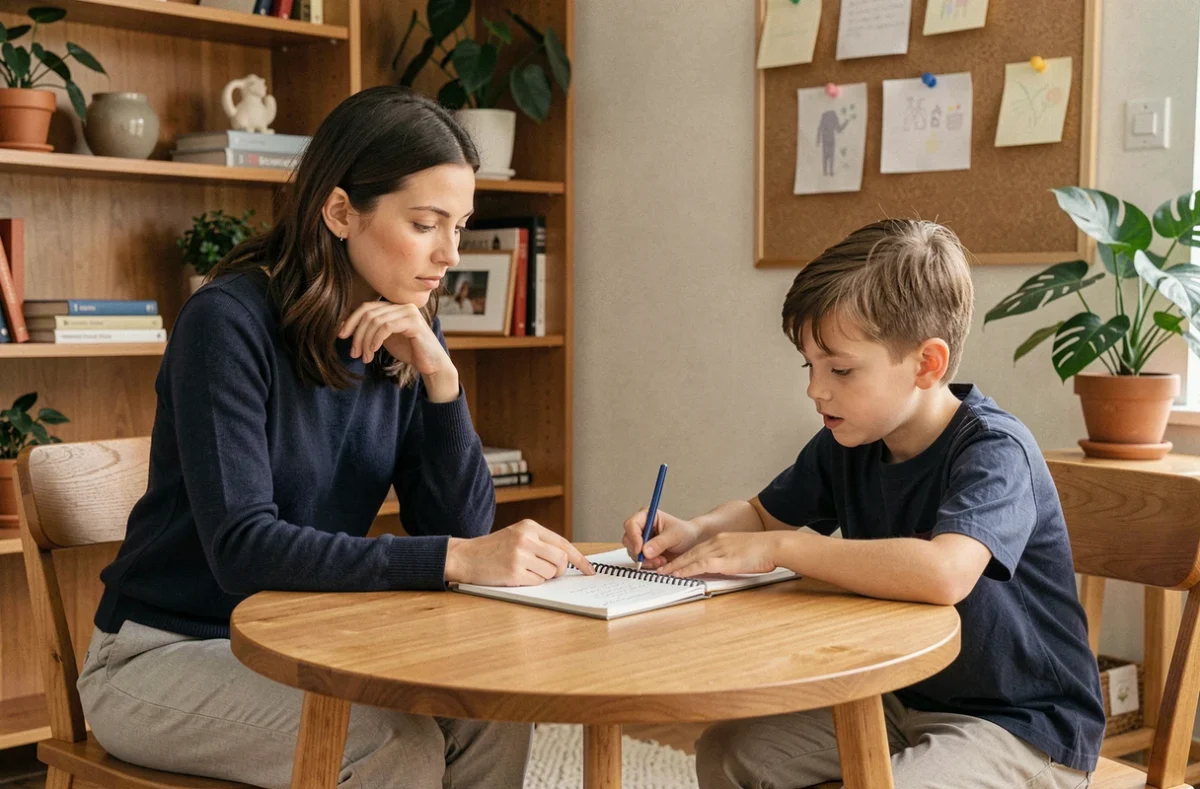 Adulte bienveillant écoutant attentivement un enfant expliquer son travail écrit à une table de travail à la maison