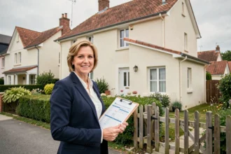 Agent immobilier évaluant gratuitement une maison individuelle en banlieue française avec clipboard et formulaires d'estimation