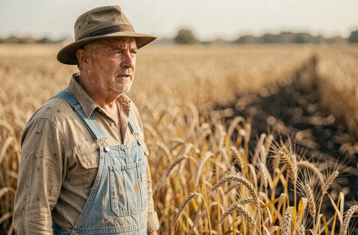 Agriculteur français inquiet devant ses cultures de blé brûlées par la chaleur extrême due au changement climatique