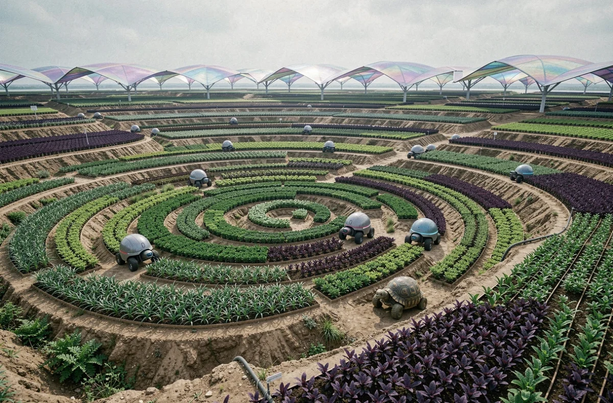 Paysage agricole futuriste en l'an 3000 avec des cultures géométriques en spirale et des robots autonomes dans des fermes verticales à ciel ouvert
