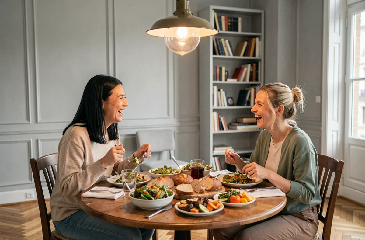 Deux amies partageant un repas fait maison avec plaisir et convivialité, symbolisant une relation saine et intuitive avec la nourriture
