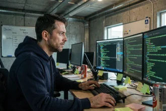 Analyste en cybersécurité concentré devant trois écrans de surveillance dans un open-space moderne