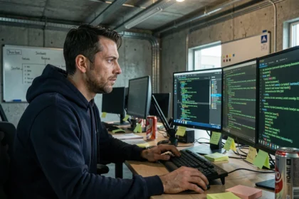Analyste en cybersécurité concentré devant trois écrans de surveillance dans un open-space moderne