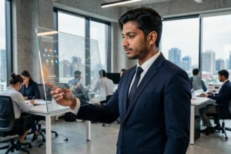 Analyste financier étudiant des données blockchain sur un écran transparent dans un bureau fintech moderne