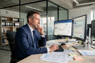 Analyste financier face à une interface ChatGPT sur plusieurs écrans dans un bureau moderne, expression pensive
