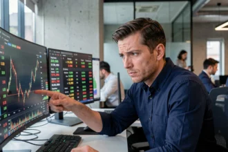 Analyste financier examinant des graphiques de prix du Dogecoin sur plusieurs écrans dans un bureau fintech moderne