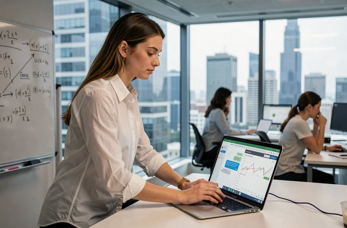 Jeune analyste debout dans un espace de travail fintech, comparant des données financières avec une réponse générée par IA