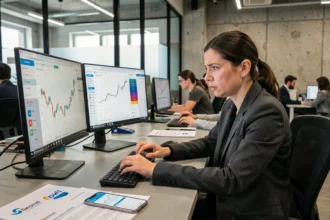 Analyste fintech femme scrutant des graphiques financiers et des interfaces d'applications bancaires mobiles dans un open space moderne et saturé