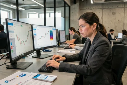 Analyste fintech femme scrutant des graphiques financiers et des interfaces d'applications bancaires mobiles dans un open space moderne et saturé