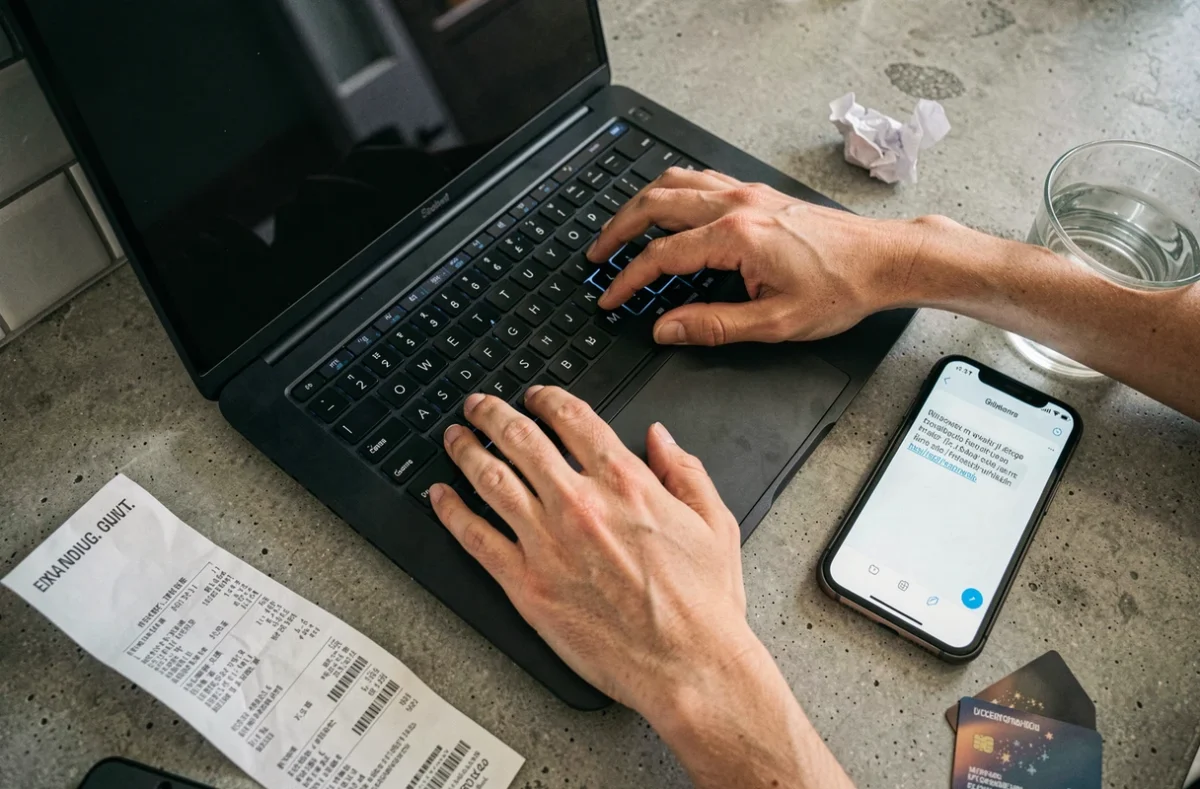 Mains tapant sur un clavier avec un smartphone affichant un SMS frauduleux, représentant les arnaques en ligne et la cybercriminalité financière