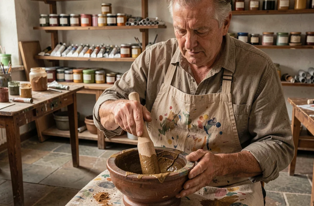 Artisan peintre mélangeant des pigments en poudre avec de l'huile de lin dans un mortier en céramique dans un atelier traditionnel