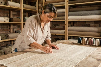 Femme artisane inspectant une pièce de tissu en lin naturel dans un atelier textile traditionnel