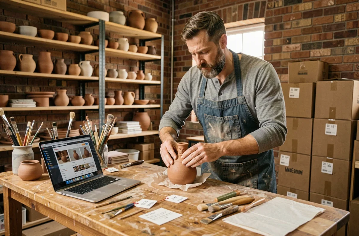 Artiste céramiste emballant une sculpture pour la vente dans son atelier encombré d'outils et de pièces finies