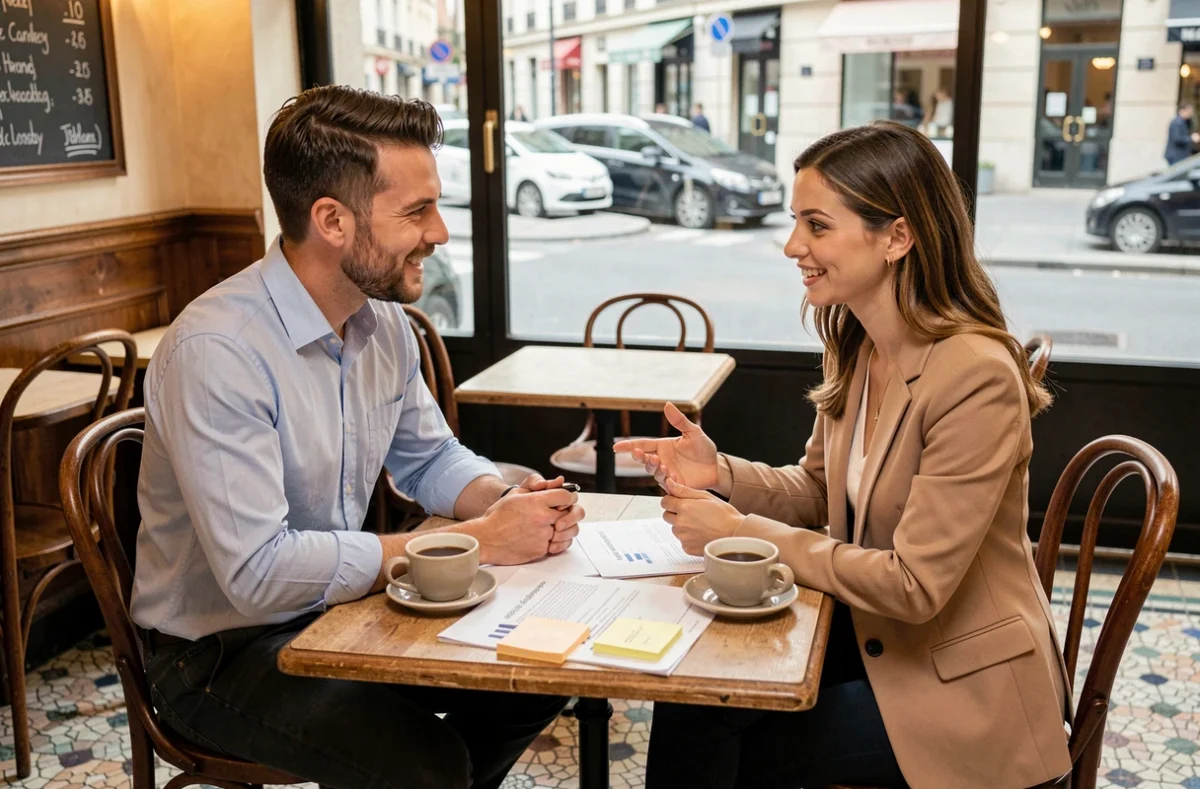 Deux associés discutant d'un projet de création d'entreprise dans un café parisien