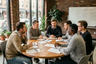 Groupe d'adultes divers réunis autour d'une table pour discuter des attentes sociétales dans un espace communautaire moderne