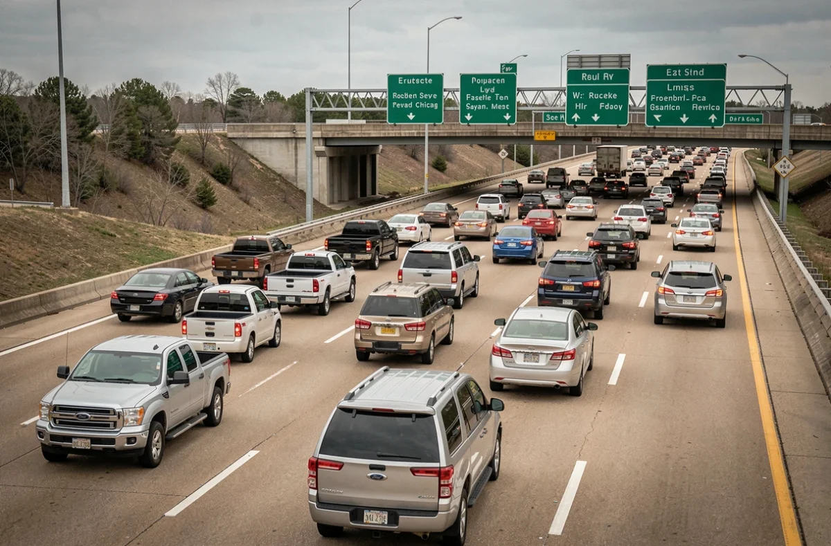Autoroute américaine saturée de voitures illustrant le nombre record de véhicules par État aux États-Unis