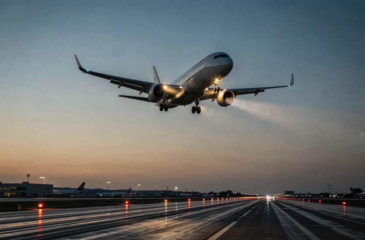 Avion de ligne en approche finale à l'atterrissage au crépuscule avec les feux de piste visibles en arrière-plan
