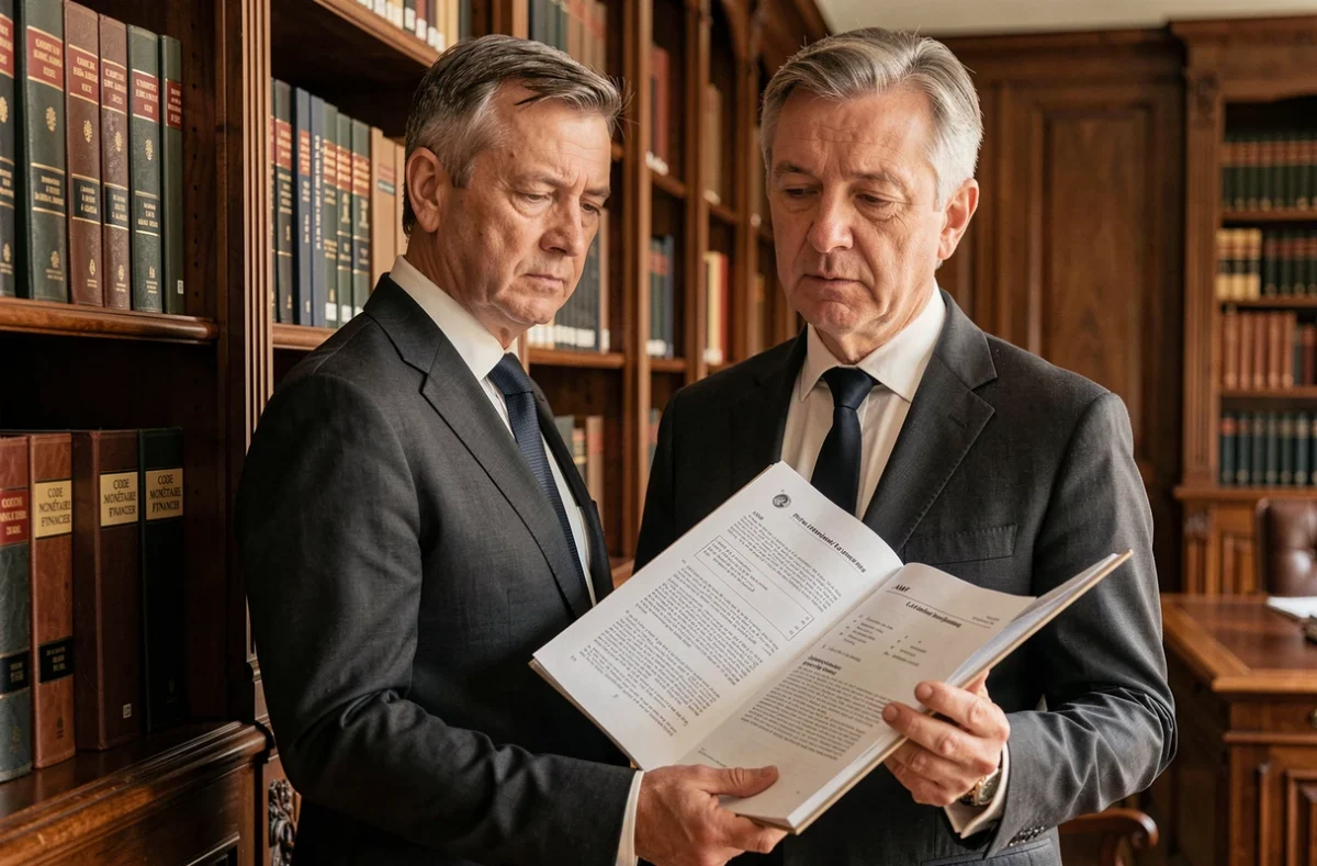 Avocat français tenant un document sur la réglementation AMF des actifs numériques dans une bibliothèque juridique