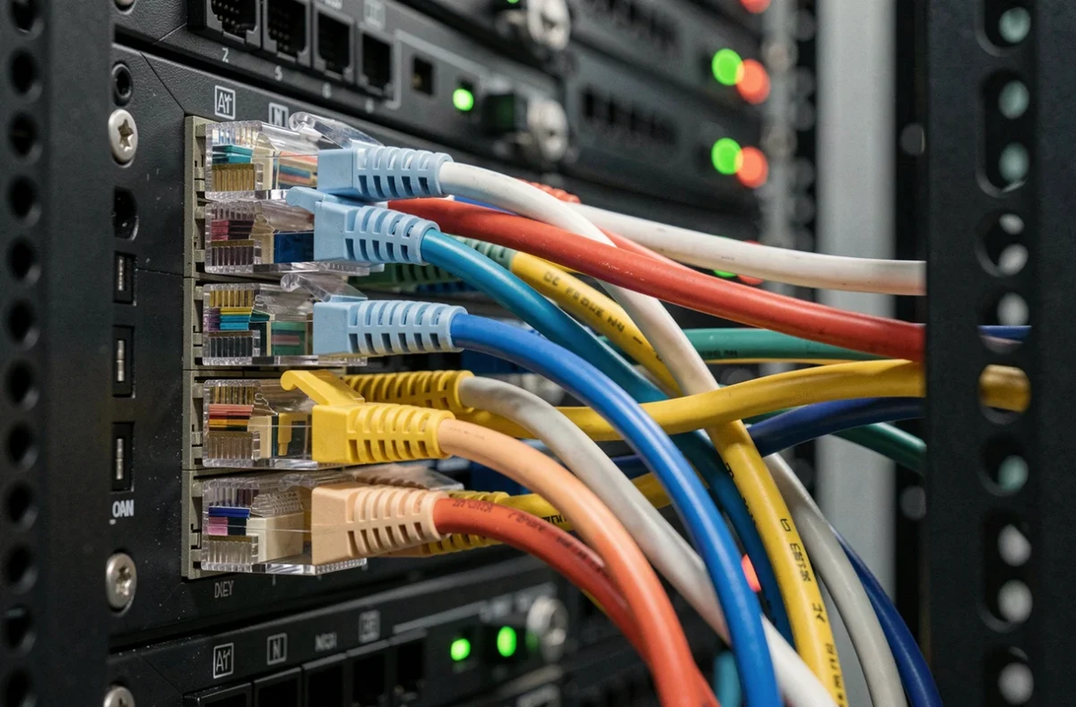 Câbles ethernet et baie de brassage dans un datacenter représentant le stockage physique des données ChatGPT