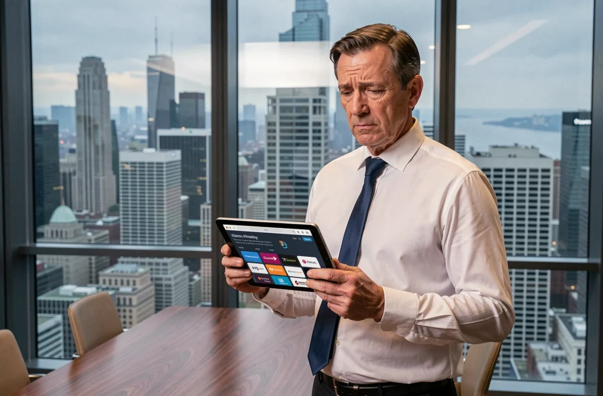 Cadre financier tenant une tablette montrant un marché fintech saturé d'applications, debout face à une skyline urbaine depuis une salle de réunion moderne