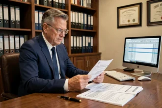 Cadre supérieur en fin de carrière consultant ses documents de retraite dans un bureau professionnel