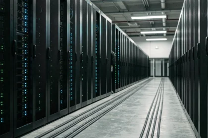 Couloir de centre de données moderne avec rangées de serveurs noirs stockant des données d'intelligence artificielle comme ChatGPT