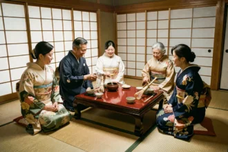 Groupe d'adultes en kimono traditionnel japonais participant à une cérémonie du thé dans une salle tatami
