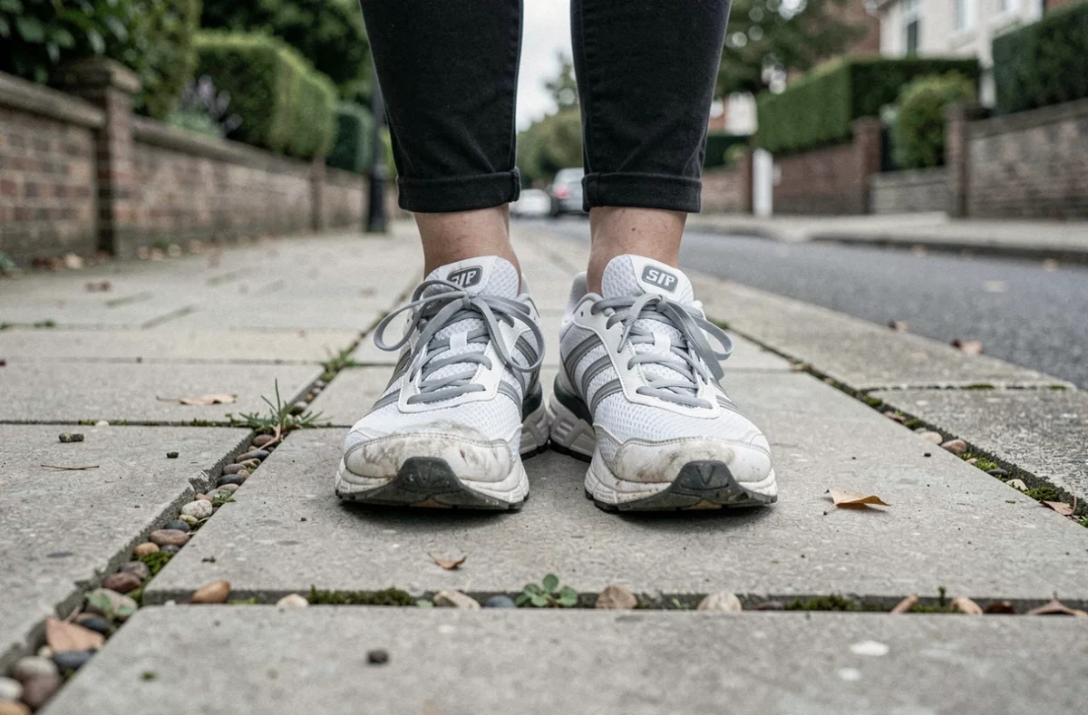 Gros plan de chaussures de marche usées sur un trottoir de quartier résidentiel symbolisant l'effort quotidien de marcher 3 kilomètres par jour