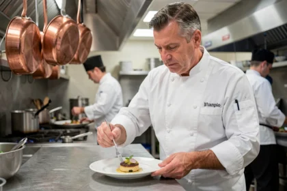 Chef français en cuisine gastronomique en train de dresser une assiette avec précision dans un restaurant étoilé