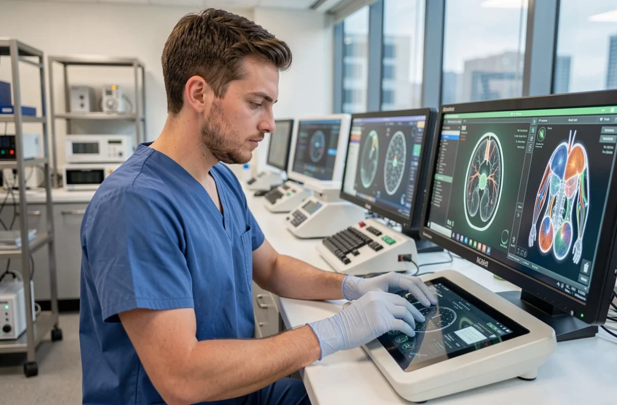 Jeune chercheur médical en blouse chirurgicale travaillant sur des équipements de diagnostic high-tech dans un laboratoire médical moderne