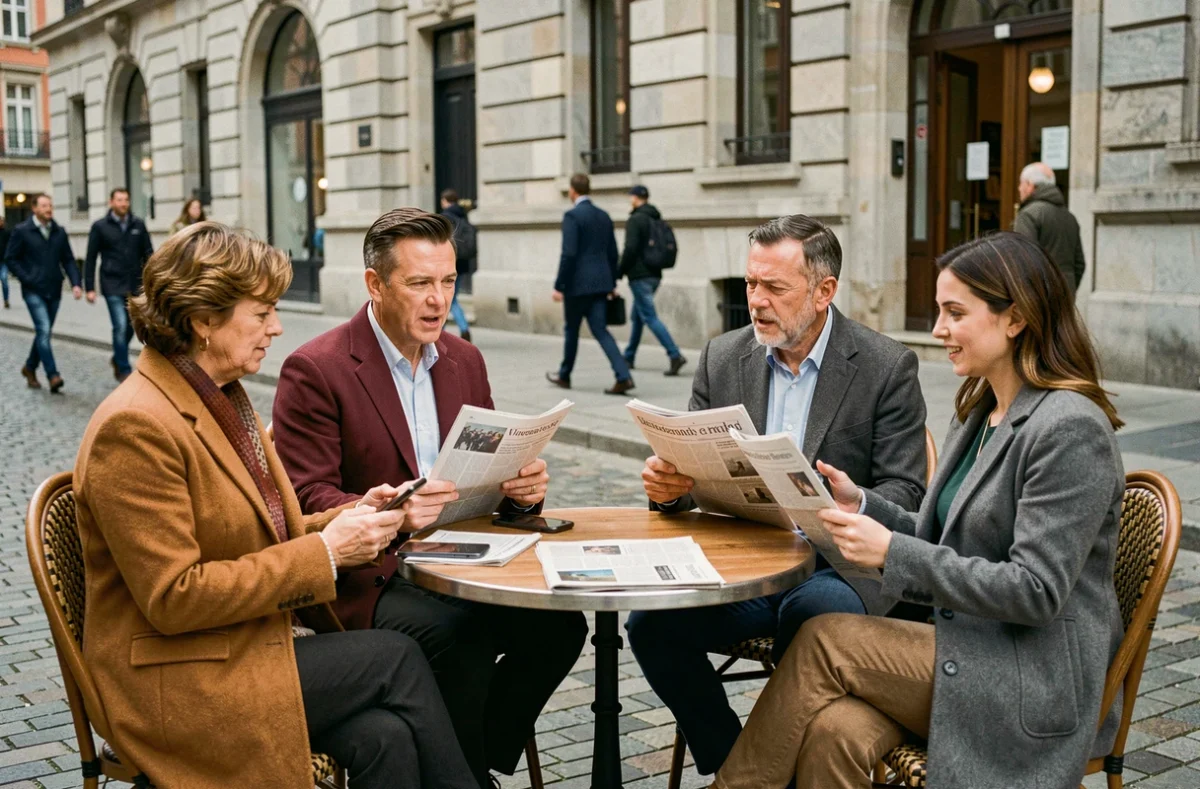 Groupe de citoyens adultes discutant de l'actualité autour de journaux dans une place publique européenne