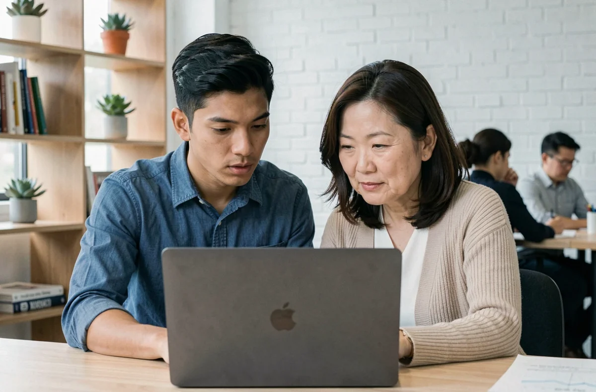 Deux collègues de générations et d'origines différentes collaborant sur un ordinateur portable dans un espace de co-working, symbolisant la complémentarité des profils en entreprise