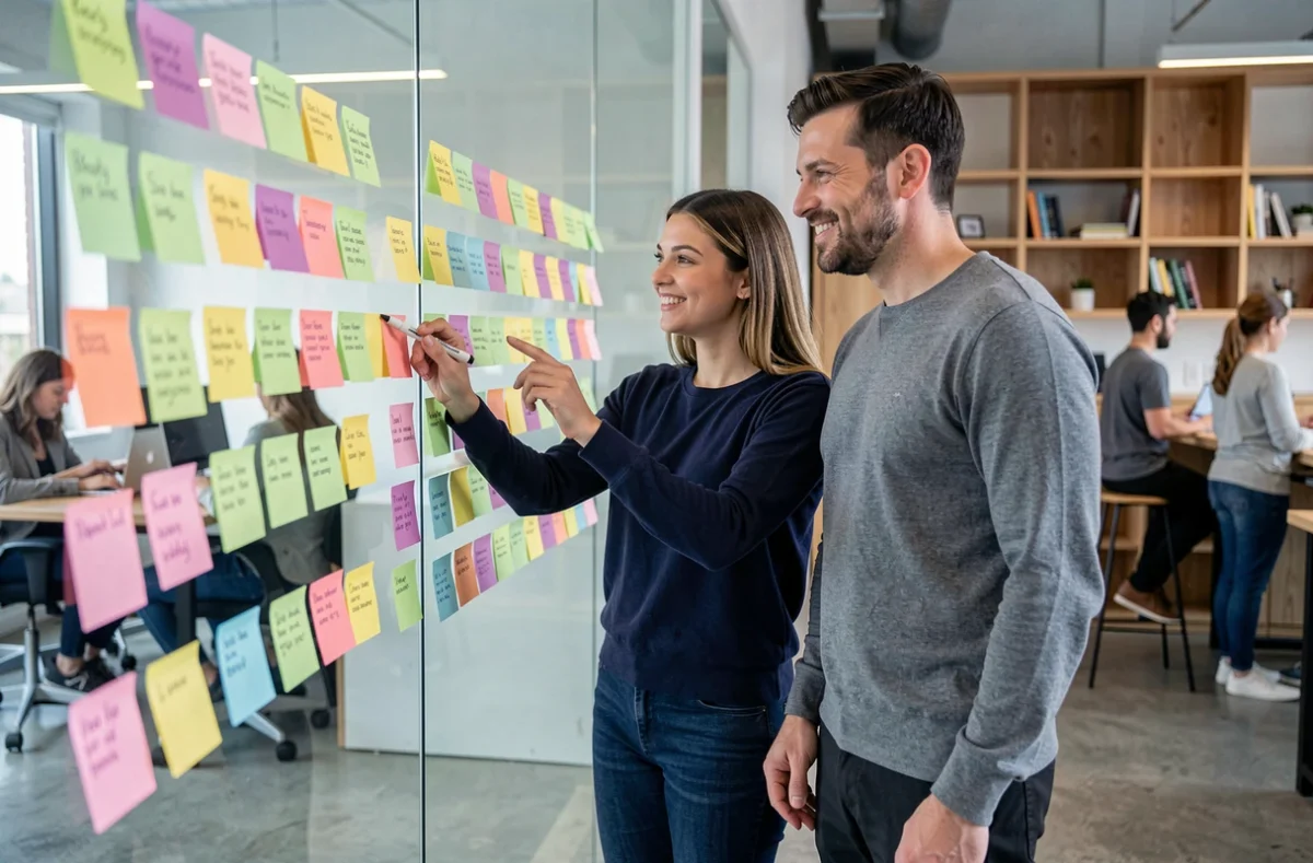 Deux collègues collaborant devant un mur de post-it pour définir des objectifs communs en entreprise