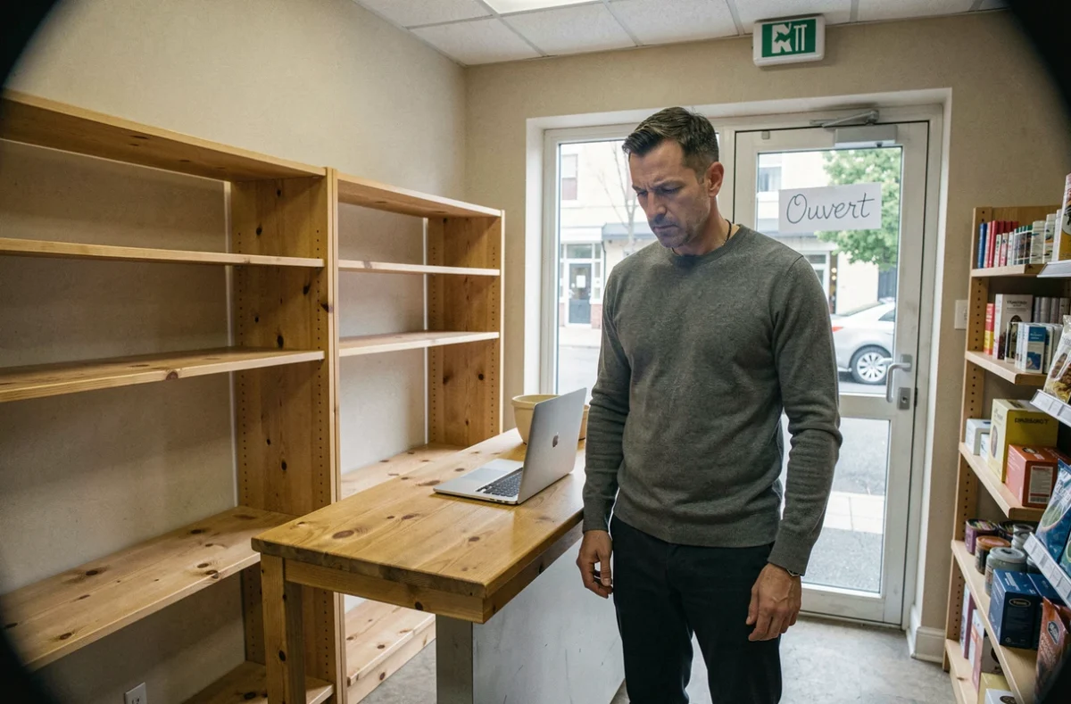 Commerçant indépendant face aux difficultés de gestion dans sa boutique avec des rayons partiellement vides