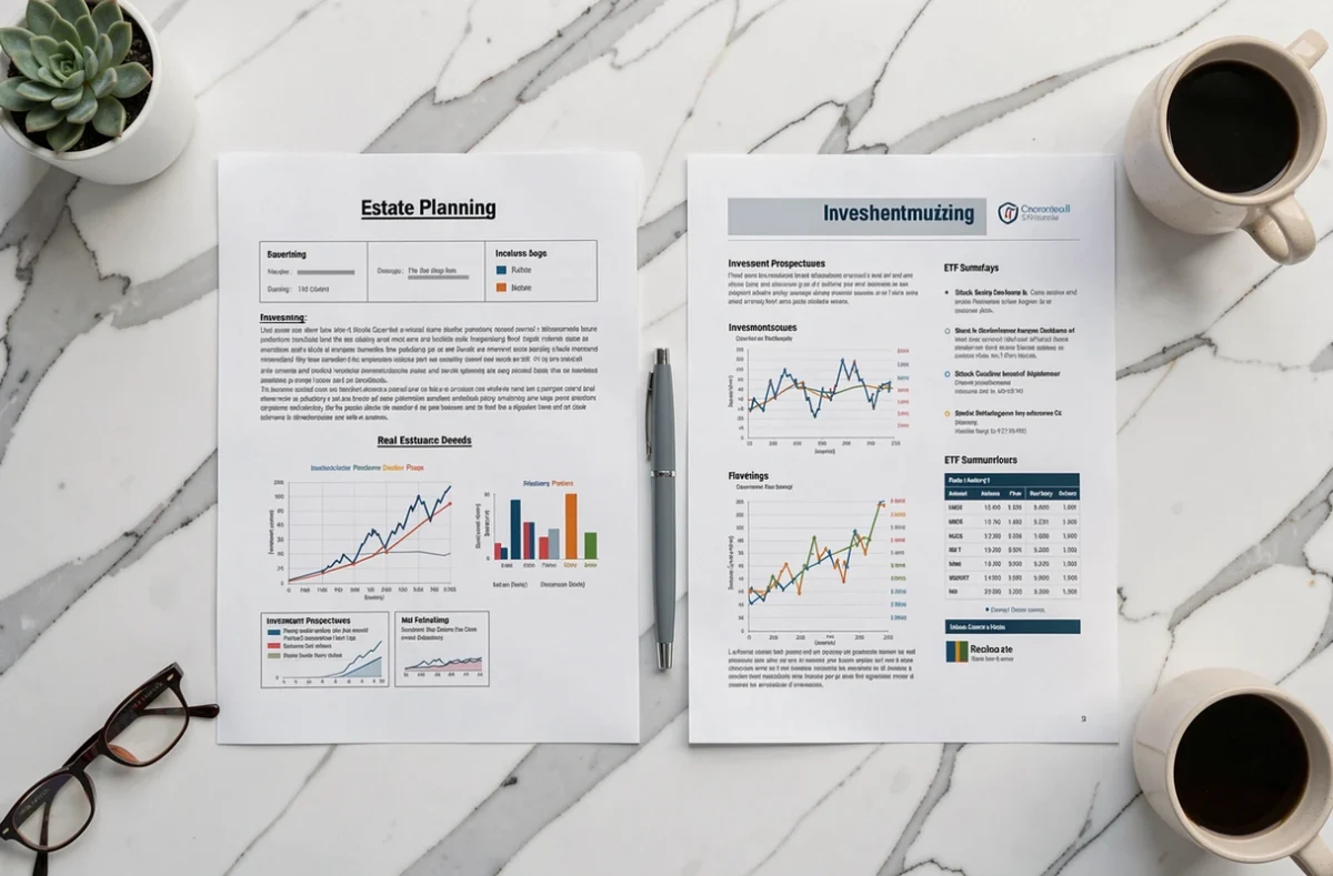 Vue aérienne comparant les documents de gestion de patrimoine et de gestion d'investissement côte à côte sur un bureau en marbre blanc