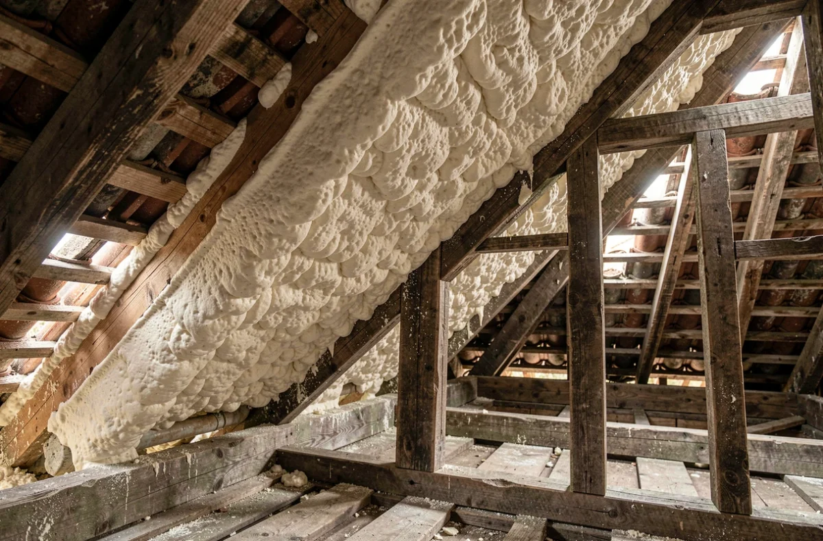Comparaison entre une zone non isolée et une zone traitée à la mousse polyuréthane dans un grenier résidentiel