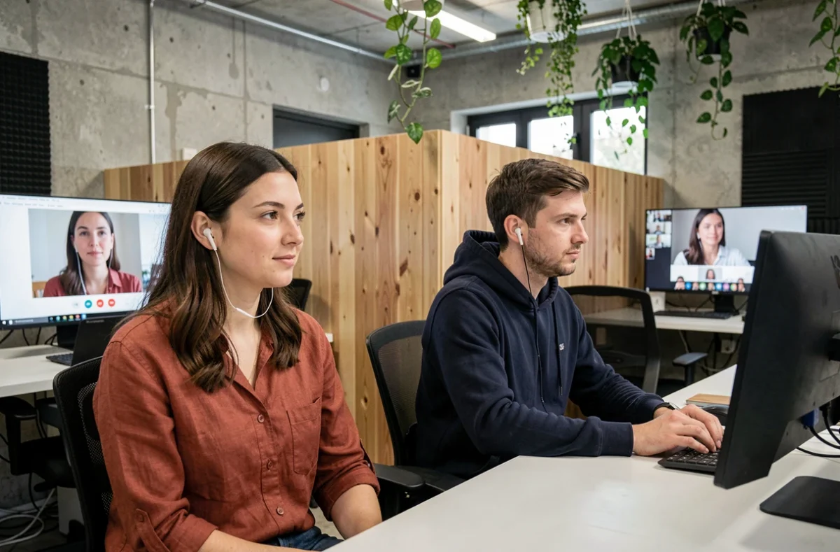 Deux collègues en télétravail dans un espace de coworking moderne, participant à des réunions vidéo sur leurs ordinateurs portables dans un cadre professionnel partagé