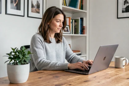 Femme en télétravail à son bureau à domicile, tapant sur un ordinateur portable dans un espace de travail organisé et moderne