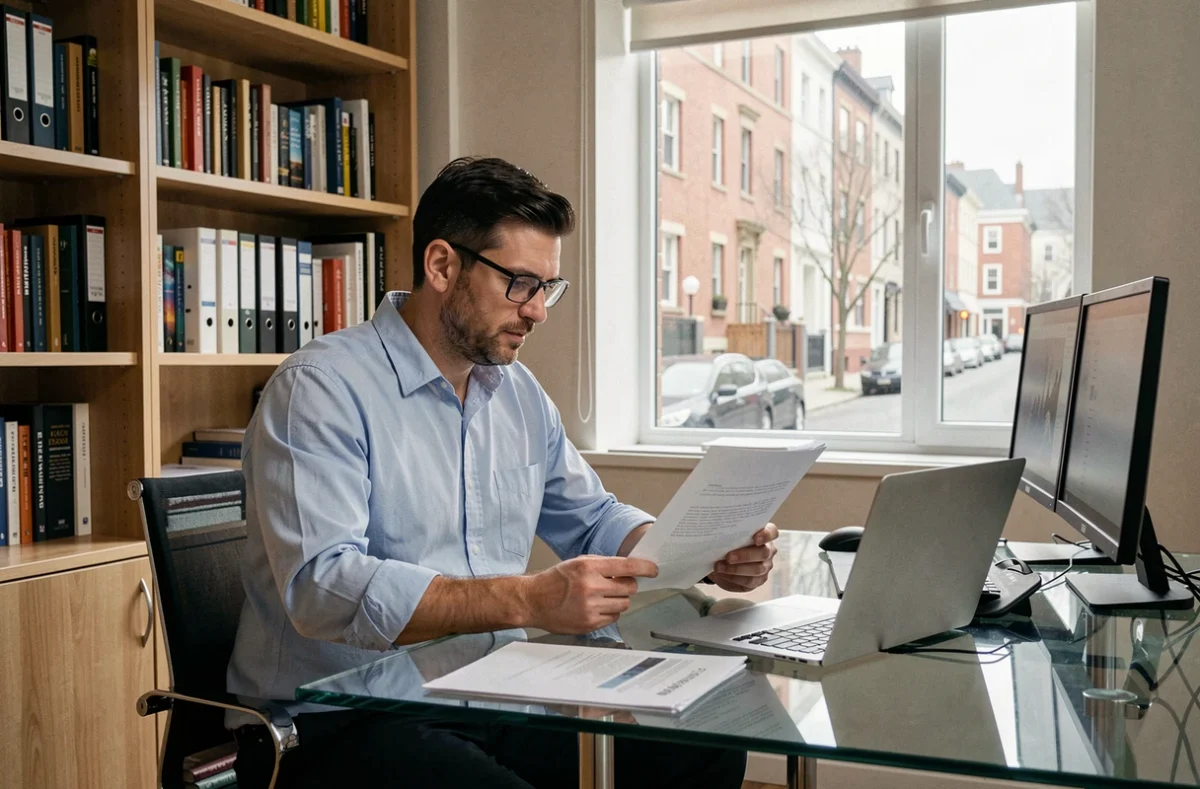 Homme en télétravail dans un bureau dédié à la maison, consultant des documents et un ordinateur portable dans un environnement professionnel organisé