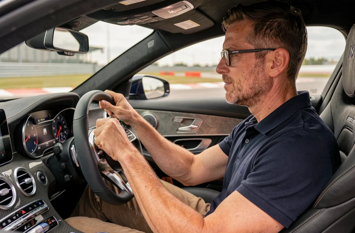 Ingénieur automobile utilisant le bouton AMG Dynamics en position conducteur dans une Mercedes-AMG sur circuit
