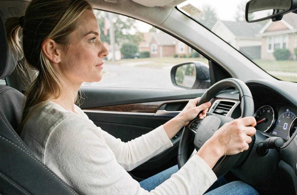 Conductrice au volant d'une voiture moderne, focus sur le tableau de bord et la sécurité