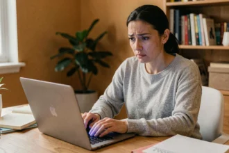 Femme inquiète tapant une question sur ChatGPT depuis son bureau à domicile, illustrant la confidentialité des conversations avec l'IA