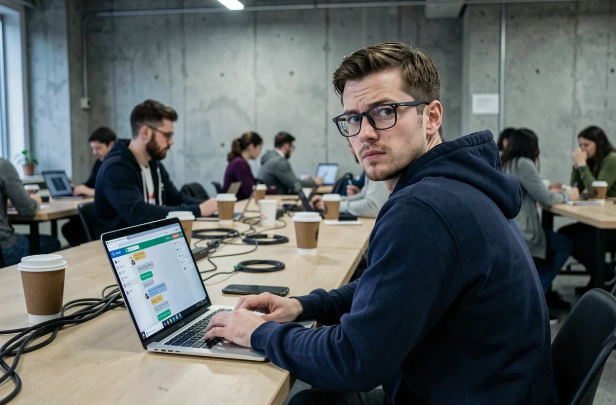 Homme dans un espace de coworking regardant par-dessus son épaule en utilisant ChatGPT, soulevant des questions sur la confidentialité des données