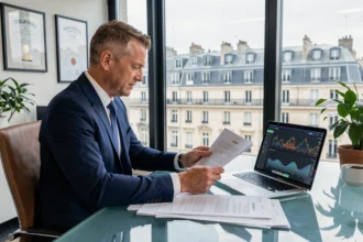 Conseiller financier français analysant des documents réglementaires sur la légalité des crypto-monnaies en France
