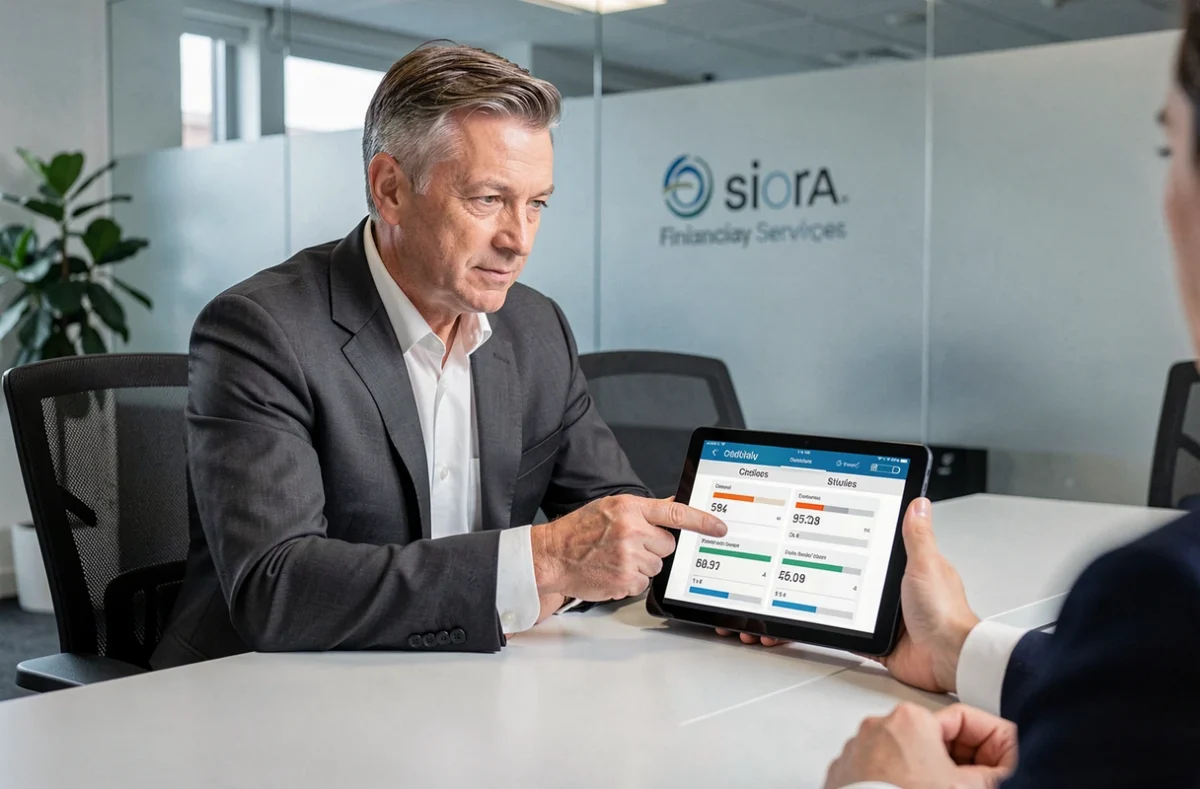 Conseiller financier présentant un tableau de score de crédit à un client dans une salle de réunion professionnelle